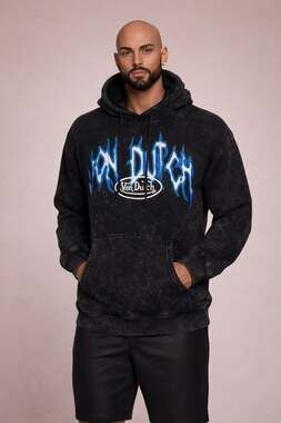 Von Dutch Black French Terry Acid Wash Blue Flame Logo Hoodie